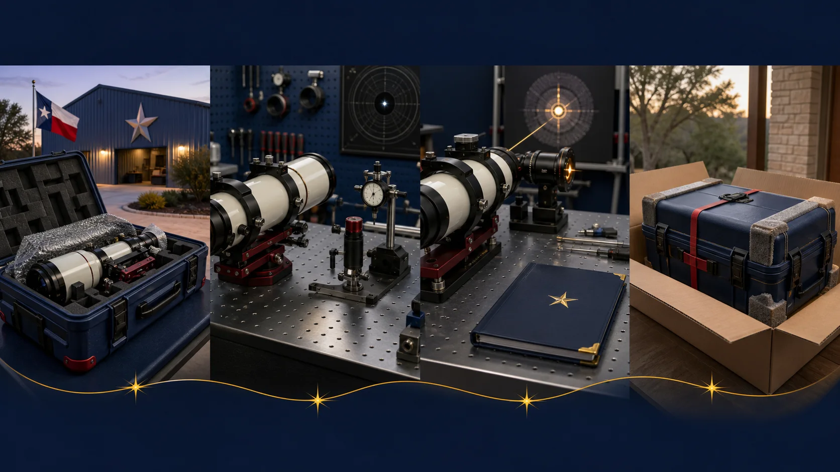 A telescope moving through workshop intake, optical bench diagnosis, precision service, and protected return shipping