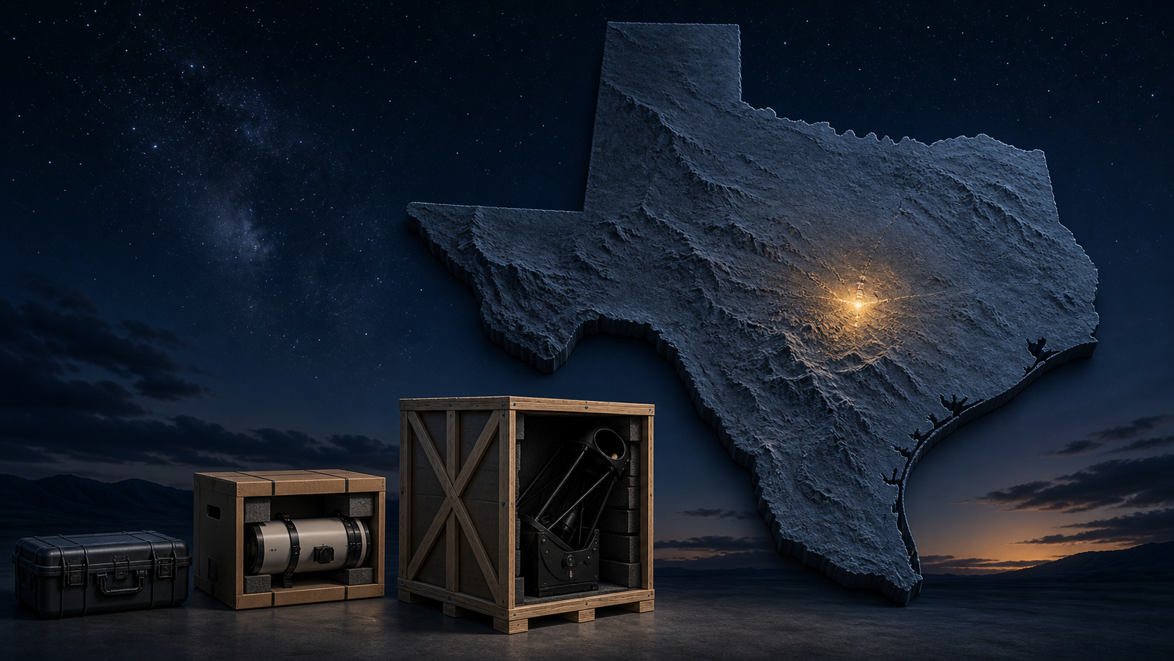 Packed telescopes beside a map of Texas with the workshop region illuminated