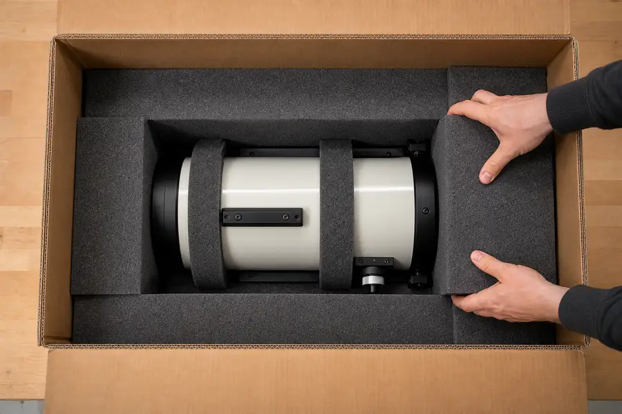 Telescope immobilized with fitted foam inside a sturdy inner box