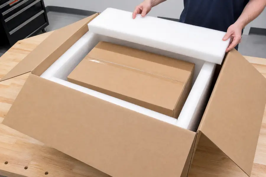 Sealed inner box surrounded by cushioning inside a larger outer box