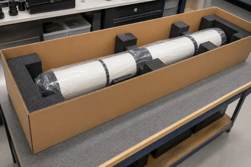 Extra-long refractor supported by foam cradles at both ends and several points along the tube